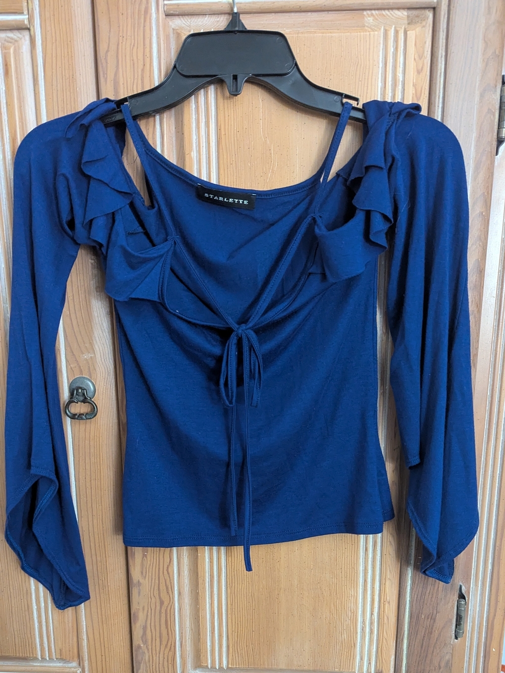 Starlette Navy Ruffle Tie-Front Long Sleeve Top
